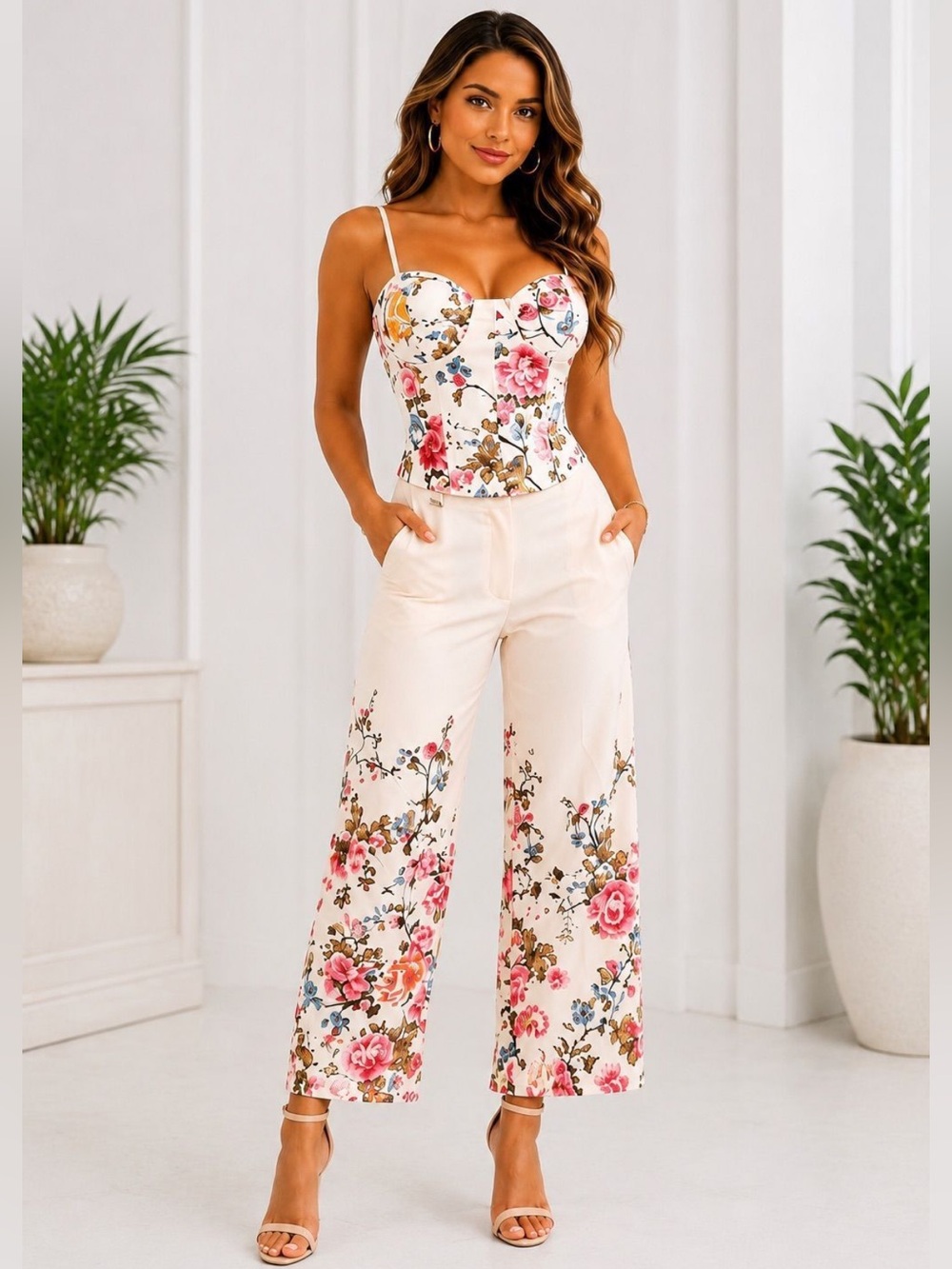 Floral Print Wide-Leg Pants with Matching Tank in Cream